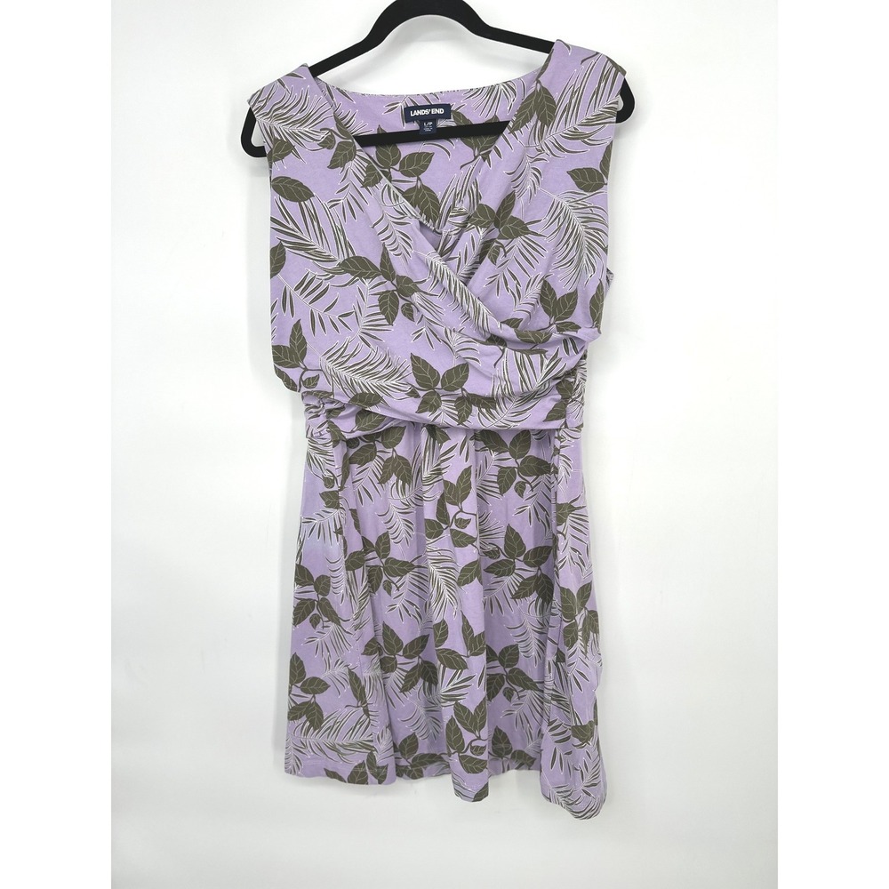 Lands End Surplice Dress Large Petite Purple Floral Tropical Pima Cotton Resort